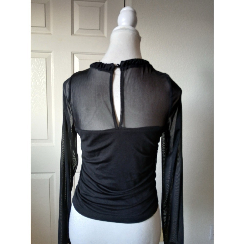 Paper Moonโ Black Mesh Sheer Top Ruched Velvet Detail Y2K Goth Clubwear Size L - Picture 3 of 16